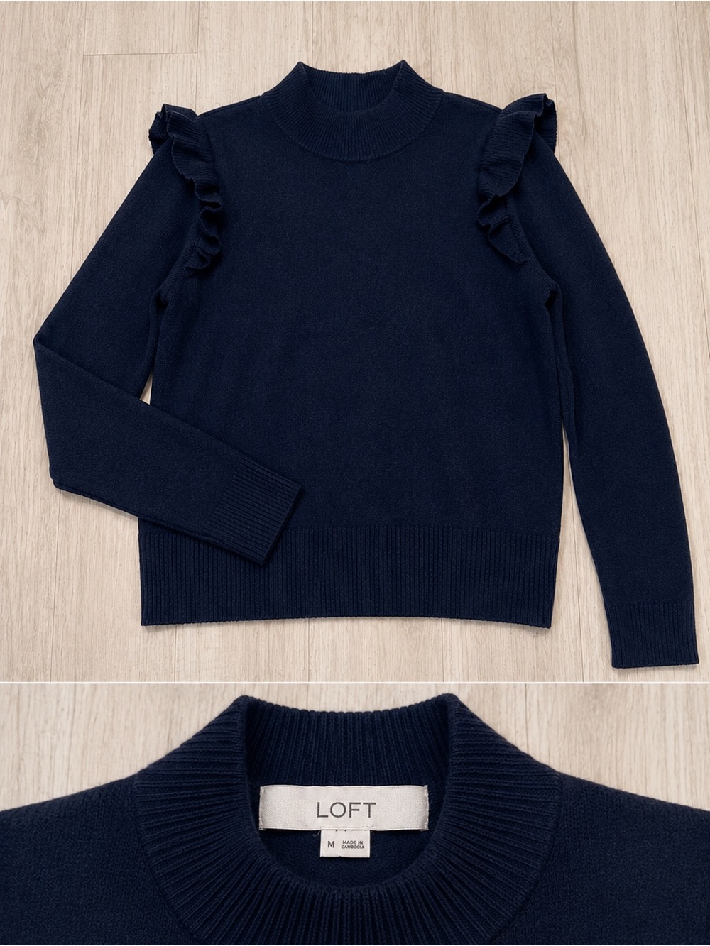 LOFT Navy Ruffle-Shoulder Mock-Neck Sweater